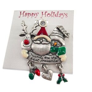 Pewter Enamel Christmas Pin Brooch Friends are Best Presents Dangle AJMC